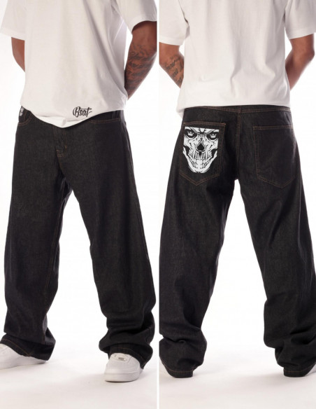 Skull Baggy Jeans Raw Black by BSAT
