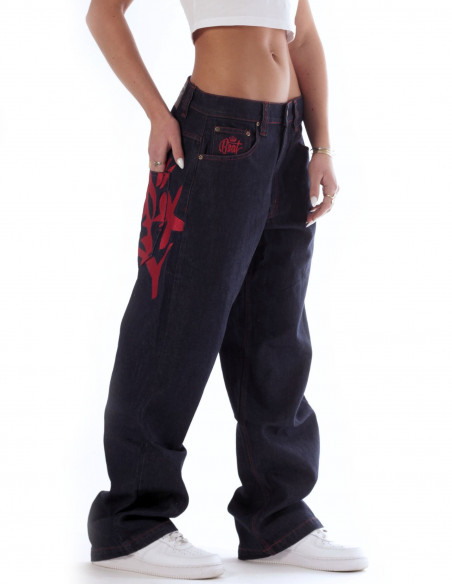 Baggy Hip Hop Jeans Embroidered Indigo Raw n Red by BSAT *Ultra Limited Edition*