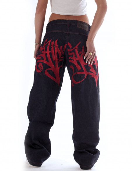 Baggy Hip Hop Jeans Embroidered Indigo Raw n Red by BSAT *Ultra Limited Edition*