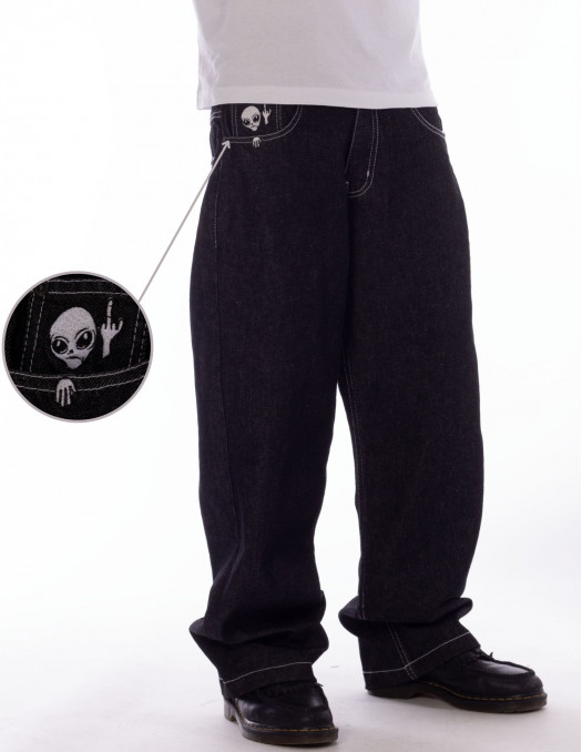 BSAT Aliens 4 Peace The Finger Raw Black n White Baggy Jeans