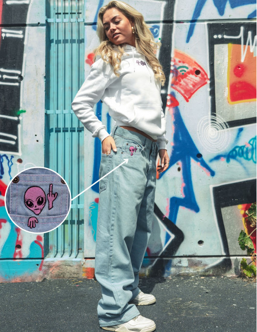 BSAT Aliens 4 Peace The Finger Sky Pink Contrast Baggy Jeans