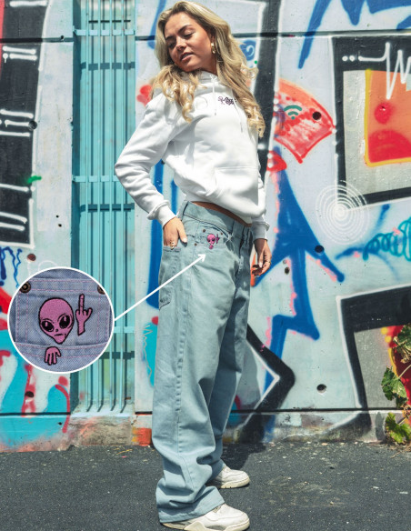 BSAT Aliens 4 Peace The Finger Sky Pink Contrast Baggy Jeans